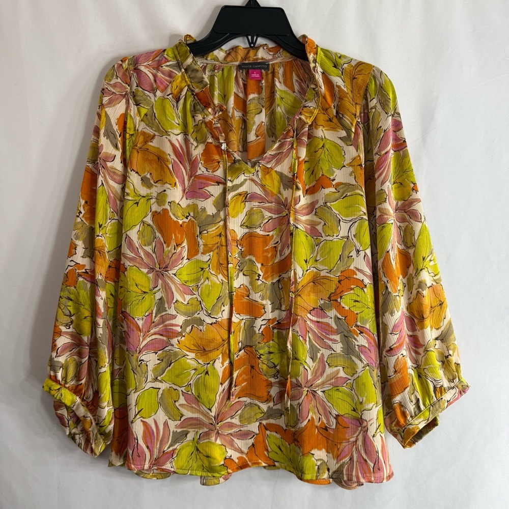 NWT Vince Camuto Raglan Sleeve Split Neck Peasant Blouse Orange Floral, size L - Picture 2 of 7